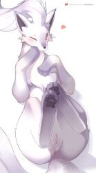 1girl alolan_ninetales ancesra animal_focus animal_sexualization anus artist_name blush cleft_of_venus clitoral_hood covering_own_mouth feet fox from_above full_body hand_on_own_chest hand_to_own_mouth heart highres large_variant_set legs_up long_hair looking_at_viewer lying multiple_tails no_humans non-web_source on_back one_eye_closed patreon_logo patreon_username pawpads pokemon pokemon_(creature) purple_eyes pussy pussy_juice simple_background soles solo tail uncensored variant_set watermark web_address white_background white_hair zoophilia