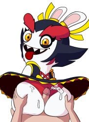 anthro ass big_butt black_clothing black_dress black_eyeshadow black_hair bodily_fluids butt_grab clothing cum cum_on_butt dress duo eyebrows eyelashes eyeshadow female first_person_view fur genital_fluids genitals hair hand_on_butt hi_res hot_dogging human impstripe kanya_(mario_plus_rabbids) lagomorph leporid looking_at_viewer looking_back looking_back_at_viewer makeup male male/female mammal mole_under_eye open_mouth open_smile panties penis rabbid rabbit raving_rabbids rayman_(series) red_clothing red_panties red_underwear sex sharp_teeth simple_background smile tan_body tan_skin teeth thick_eyebrows tongue tongue_out ubisoft underwear white_background white_body white_fur wide_hips yellow_eyes