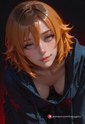 ai_generated bending_over bent_over cleavage deep_cleavage eye_contact female female_only ginger ginger_hair green_eyes hoodie hoodie_only hot looking_at_viewer philia portrait puffy_nipples sexy sexy_pose short_hair sword_art_online