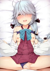 1boy ahoge bangs black_ribbon blue_neckwear blush bow bowtie bra braid breasts breasts_out brown_eyes censored clothed_sex commentary_request cum cum_in_pussy eyebrows_visible_through_hair female grey_hair hair_between_eyes hair_over_eyes hair_over_one_eye hair_ribbon hamanami_(kantai_collection) happy_sex holding kantai_collection long_hair long_sleeves looking_at_viewer lying missionary nipples off_shoulder on_back on_bed open_mouth panties panties_aside penis pov pussy ribbon school_uniform sex shacho_(ko_no_ha) shirt single_braid small_breasts smile solo_focus spread_legs straight sweat tears underwear vaginal_penetration white_shirt