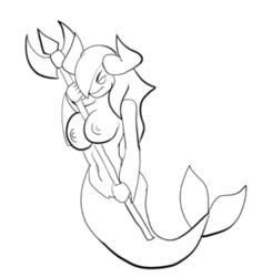 big_breasts breasts calamity_mod colorless female horns mermaid monster_girl nipples object_between_breasts pussy siren_(calamity_mod) tail terraria trident white_background