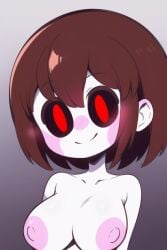 1girls ai_generated black_sclera blush breasts brown_hair chara chara_(undertale) naked naked_female nude nude_female pale-skinned_female pale_skin pink_cheeks pixai red_pupils shoulder_length_hair sidelocks simple_background slim_waist smile smiling_at_viewer undertale undertale_(series) upper_body