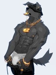 2024 3:4 abs absurd_res anthro areola barazoku biceps big_bulge big_muscles bling bottomwear bottomwear_down bracelet briefs bulge canid canine canis chain_bracelet chain_necklace chains claws clothed clothing domestic_dog ear_piercing ear_ring fur gold_(metal) gold_jewelry gold_piercing grey_background hat headgear headwear hi_res jewelry lens_flare male mammal muscular muscular_anthro muscular_male navel necklace nipple_piercing nipple_ring nipples nomifuki pants pants_down partially_clothed pecs piercing ring_(jewelry) ring_piercing simple_background solo standing streetwear teeth topless topless_anthro topless_male tuft underwear unzipped vein zipper