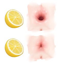 anus ass before_and_after close-up commentary english_commentary female food fruit gaping highres lemon lemon_slice meme merrytail multiple_views pussy simple_background thour_(meme) white_background zoom_in