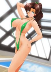 alluring bare_legs big_breasts bikini bishoujo_senshi_sailor_moon brown_hair female green_eyes green_sling_bikini makoto_kino nanashi_noiji pin_up posing rei_no_pool sling_bikini swimming_pool