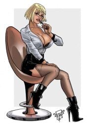 1girls 2d 2d_(artwork) artist_request artist_signature black_heels black_high_heels black_miniskirt black_skirt blonde_hair breasts business_suit business_woman busty cleavage dc dc_comics female glasses high_heels huge_breasts kara_zor-l karen_starr large_breasts leather_skirt legwear lips long_sleeves miniskirt pinup power_girl secretary secretary_outfit short_hair sitting sitting_on_chair skirt solo stockings superheroine very_high_heels white_topwear year_request