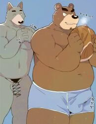 2024 anthro arufina_w balls balls_outline bear belly black_nose brown_body bulge canid canine canis clothing detailed_bulge domestic_dog duo erection erection_under_clothing genital_outline genitals hi_res kemono male mammal overweight overweight_male penis penis_outline simple_background sniffing sniffing_clothes underwear underwear_sniffing