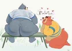 animal_crossing annoyed anthro ass bear bench big_butt blush bodily_fluids curt_(animal_crossing) debudraws dialogue drooling duo happy heart_symbol hi_res leaning leaning_forward male male/male mammal nintendo on_bench saliva sitting sitting_on_bench sweat sweaty_butt teddy_(animal_crossing)