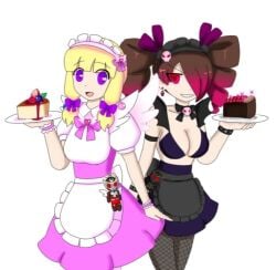 bete_noire betty_noire breasts brown_hair glitchtale maids oc plate purple_hair red_eyes red_hair smiling smiling_at_viewer tied_hair white_background yellow_hair