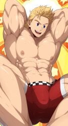 armpits arms_behind_back arms_up big_muscles big_pecs blonde_hair blue_eyes boxer_briefs boxer_briefs_only boxers boxers_(clothing) boxers_only bulge kuroshinki legs_apart legs_spread male_only mirio_togata my_hero_academia pecs red_underwear