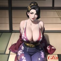 ai_generated bbw big_breasts chubby chubby_female cjin huge_breasts kimono manyuu_hikenchou mature mature_female mature_woman milf mother omitsu_tomioka open_kimono