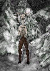 amilius anthro black_eyes bone brown_body brown_fur cervine deer digital_drawing_(artwork) digital_media_(artwork) female forest fur genitals hi_res hooves horn looking_at_viewer mammal night nightmare_fuel plant pussy shy skeleton skull skull_head snow solo tree undead