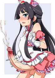 black_hair blue_eyes blush censored cum ejaculation erect_nipples erect_nipples_under_clothes female futa_only futanari idolmaster idolmaster_million_live! intersex kerokero00frog long_hair masturbation mogami_shizuka open_mouth small_but_hung testicles