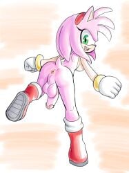 amy_rose anthro anus ass backsack balls boots breasts clothing eulipotyphlan footwear fours_(artist) genitals gloves gynomorph handwear hedgehog hi_res humanoid_genitalia humanoid_penis intersex looking_at_viewer looking_back looking_back_at_viewer mammal mostly_nude open_mouth open_smile penis perineum pink_body presenting presenting_hindquarters sega smile solo sonic_(series) sonic_the_hedgehog_(series)