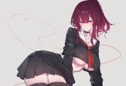 1girls ai_generated akyoi black_clothing blush honkai:_star_rail kafka_(honkai:_star_rail) large_breasts open_legs pout purple_eyes purple_hair school_uniform skirt tight_clothing underboob white_background