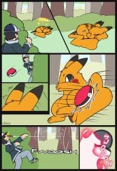 captured clothed clothing comic female feral forest fur generation_1_pokemon genitals hi_res human male mammal nintendo nulloffset outside pikachu plant pokeball pokemon pokemon_(species) pussy rodent shiny_pokemon sleeping standard_pokeball tail tree yellow_body yellow_fur