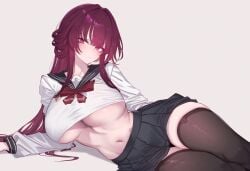 1girls ai_generated akyoi blush honkai:_star_rail kafka_(honkai:_star_rail) large_breasts open_legs pout purple_eyes purple_hair school_uniform skirt stockings tight_clothing underboob white_background