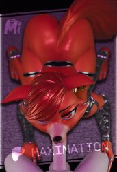 1boy 1girls 3d animatronic ass black_nails blender blowjob crouching earrings female fox fox_girl foxy_(fnaf) foxy_(mayosplash) furry leaning nsfw patreon patreon_username pov pov_eye_contact red_body red_hair red_skin robot robot_girl short_hair tail white_body white_skin yellow_eyes