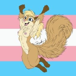 animal_genitalia anthro armpit_tuft balls blonde_hair blue_eyes breasts buckteeth chest_tuft deerwalker female flat_colors fluffy fully_sheathed genitals hair hi_res intersex jumping lgbt_pride lgbt_pride_month mammal nipples nude pride_colors rodent sciurid sheath simple_background smile solo squirrel_tail teeth tongue trans_(lore) trans_woman_(lore) transgender_pride_colors tree_squirrel tuft