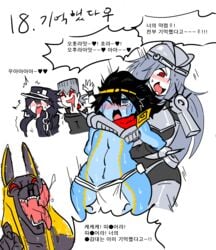 ambiguous_penetration anubis_(jjba) armor aroused belly belly_button black_hair blue_eyes blue_skin blush blushing breasts chains female female_jotaro forced gauntlets grey_hair heart jean_pierre_polnareff jojo's_bizarre_adventure jotaro_kujo korean_text licking_lips loincloth mannungei open_mouth red_eyes red_scarf rule_63 scarf school_uniform schoolgirl silver_chariot stand_(jjba) star_platinum stardust_crusaders sweat translated white_background yuri