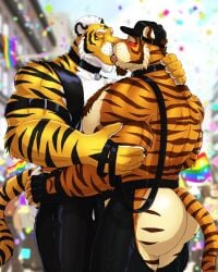 2024 age_difference anthro anthro_on_anthro arm_grab armband ass asyr barazoku baseball_cap beard biceps big_butt big_muscles blush body_hair butt_grab chaps chest_hair claws closed_eyes clothed clothing collar confetti day deltoids dream_and_nightmare duo eyebrows facial_hair father's_day father_(lore) father_and_child_(lore) father_and_son_(lore) felid fingerless_gloves flag french_kissing fur gay gloves hair hand_behind_neck hand_on_butt handwear hat headgear headwear hi_res holidays hug huge_muscles incest_(lore) kissing leash leather leather_clothing leather_daddy lgbt_pride lgbt_pride_month male male/male mammal manly muscular muscular_anthro muscular_male night_(dream_and_nightmare) open_clothing open_topwear open_vest outside pantherine parade parent_(lore) parent_and_child_(lore) parent_and_son_(lore) pecs pride_colors public rainbow_flag rainbow_pride_colors rainbow_pride_flag rainbow_symbol silhouette son_(lore) standing thick_thighs tiger topless topless_anthro topless_male topwear tuft vest