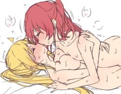 2girls blonde_hair bocchi_the_rock! female female_only flushed flushed_face heart hi_res highres hug ijichi_nijika kissing kita_ikuyo melty_pot multiple_girls red_hair small_breasts sweat sweatdrop sweating tagme yuri