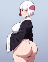 1girls ai_generated ass ass_focus d-art_style fundoshi gigantic_ass huge_ass jujutsu_kaisen smile smiling smiling_at_viewer solo solo_female solo_focus solo_male uraume voluptuous voluptuous_female white_background white_thong