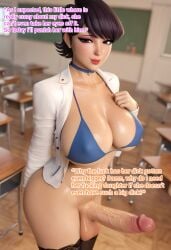 1futa ai ai_generated blue_bikini brown_eyes civitai classroom dark_purple_hair english_text erect_penis female flaccid_penis futanari hand_on_breast indoor komi-san_wa_komyushou_desu komi_shuuko lok_228 looking_at_viewer milf pov_eye_contact short_hair smile smiling standing stockings text white_jacket yamai_ren