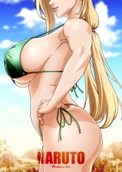 1girls adapted_costume ass bent_over big_ass big_breasts bikini blonde_hair blue_sky busty character_name clouds hands_on_hips head_out_of_frame highleg highleg_bikini highres hourglass_figure huge_ass huge_breasts in_profile konohagakure_symbol large_breasts legs_together lipstick long_hair looking_at_viewer low-angle_view makeup mature mature_female midriff milf nail_polish naruto naruto_(series) naruto_shippuden outdoors pinup revealing_swimsuit saburo_des sagging_breasts shiny shiny_hair shiny_skin side-tie_bikini_bottom side-tie_panties side_view sideboob skimpy skimpy_bikini swimsuit thick_thighs thighs tsunade twintails underboob very_long_hair watermark wide_hips