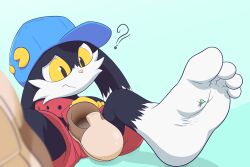 4_toes anthro bandai_namco duo feet foot_fetish foot_focus foot_play greeneryfascination hi_res huepow klonoa klonoa_(series) male male/male micro question_mark size_difference soles stuck_to_foot toes wrinkled_feet wrinkles