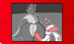 anthro ass big_butt butt_grab charizard digital_media_(artwork) duo flipnote_hatena flipnote_studio_(artwork) flipnotecreation generation_1_pokemon generation_3_pokemon hand_on_butt heart_symbol hug male male/male nintendo nintendo_ds_family nintendo_dsi pokemon pokemon_(species) raised_tail shocked smile tail thick_thighs zangoose