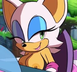 blue_eyeshadow breasts casual_nudity edit eyeshadow female green_eyes htdmason no_bra public_nudity rouge_the_bat screenshot screenshot_edit smile solo sonic_(series) team_sonic_racing team_sonic_racing_overdrive topless