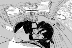 1boy bar_censor belt blush car car_interior censored erection fellatio female greyscale hood hoodie jirai_kei kuaru_(okamokomon) looking_at_viewer monochrome motor_vehicle oral original penis penis_grab pov skirt steering_wheel