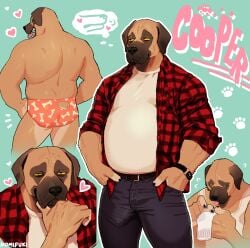 anthro belly biped bottomwear bulge canid canine canis clock clothed clothing cooper_(nomifuki) detailed_bulge digital_drawing_(artwork) digital_media_(artwork) domestic_dog fur genital_outline heart_symbol hi_res male mammal mastiff molosser muscular muscular_anthro muscular_male nomifuki pants penis_outline shirt solo standing topwear underwear watch