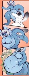 absurd_res anal anal_vore anthro ass belly big_belly big_breasts big_butt blue_body breasts collar comic crouching digestion digestion_noises domestic_cat duo eeveelution evil_grin felid feline felis generation_1_pokemon hand_on_belly hand_on_butt head_in_ass herm hi_res intersex intersex/male male mammal nintendo open_mouth pokemon pokemon_(species) pushing_out raised_tail sassylebraix smile spread_butt spreading tail tattoo thick_tail vaporeon vore white_body