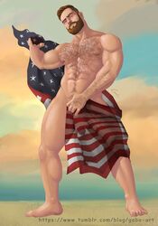 1boy abs american_flag beard biceps flaccid flag full_body gabo_artist hairy hairy_chest looking_at_viewer male male_only muscle muscular naked outdoors penis see-through six_pack solo