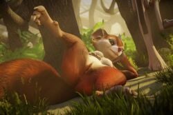 3d_(artwork) ano_delta anthro anus breasts crossbow digital_media_(artwork) dota feet female genitals grass hoodwink_(dota) looking_at_viewer lying mammal on_back one_leg_up plant pussy raised_leg ranged_weapon rodent sciurid soles solo spread_legs spreading toes tree tree_squirrel weapon