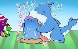 <3 baby_yoshi bite biting_lip biting_own_lip blue_body blue_scales blush bodily_fluids cetacean dolphin duo erection eyes_closed fellatio feral genitals heart heart_symbol iruyo_the_dolphin japanese_text lip_bite living_penis male male/male mammal marine mario_(series) masturbation nakadashimashta nintendo oral paper_mario penile penis penis_creature penis_with_face scales self_bite sex tail text the_great_gonzales_jr throbbing tongue toothed_whale translated vein veiny_penis vivian_(paper_mario) whacka yoshi