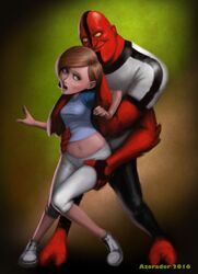 1girls alien alien/human azorador bare_midriff ben_10 boy brown_eyes brown_hair cosplay crossover disney female fourarms full_nelson full_nelson_(arms_only) helen_parr human imminent_rape interspecies male mature_female milf mom multi_arm multi_limb pixar red_skin restrained robert_parr short_hair small_breasts smooth_skin standing the_incredibles wide_hips