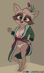 accessory anthro breasts clothing ear_piercing female flower flower_in_hair hair hair_accessory hi_res looking_at_viewer mammal mature_anthro mature_female natricle old piercing plant procyonid pubes raccoon robe robe_lift robe_only solo solo_focus suntan tan_line