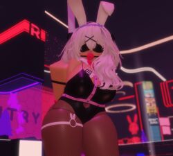 1girls 3d armband arms_behind_back ball_gag big_breasts blindfold bondage bowtie breasts bunny_ears bunnysuit clothed collar female female_focus female_only fishnets gag hairband hairclip long_hair looking_at_viewer neon_lights niki_okarin playboy_bunny poker_cards rabbit_hole_(vocaloid) roblox robloxian standing straps thick_thighs thigh_strap white_hair wrist_cuffs wristband