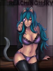 big_breasts blue_hair breasts breasts catgirl curvy_figure lace_trim lingerie lollipop long_hair nekochank purple_lingerie pussy_visible_through_panties red_eyes seductive_look stockings tan_skin thick_thighs wavy_hair