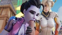 2girls amelie_lacroix angela_ziegler assisted_fellatio blowjob clothed_female_nude_male fraxxlr gloved_hands holding_penis just_the_tip mercy multiple_girls outdoor_sex overwatch overwatch_2 sucking_tip widowmaker