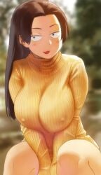 big_breasts blush bottomless brown_hair brown_hair cat_smile covering_crotch dot_eyes large_breasts long_hair looking_at_viewer mmmikedaya mob_face mutou_yoshiko_(mmmikedaya) narisokonai_(mmmikedaya) nipple_bulge nipples nipples_visible_through_clothing no_bra oc original_character plump sanpaku sanpaku_eyes sweater sweater_puppies tagme thick_thighs thighs yellow_sweater