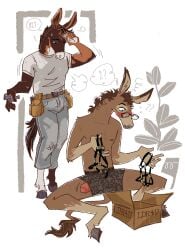 2024 5_fingers anthro asinus biped blush bottomwear boxers_(clothing) brown_body brown_fur brown_hair brown_mane bulge clothed clothing denim denim_bottomwear denim_clothing detailed_bulge dialogue digital_media_(artwork) donkey duo english_text equid equine erection eyewear fingers fur genital_outline genitals glasses hair half-closed_eyes halter hi_res hooves humanoid_genitalia humanoid_penis hybrid jariloxe jeans male male_anthro mammal mane mule multicolored_body multicolored_fur narrowed_eyes one_eye_closed pants penis penis_outline poking_out shirt speech_bubble t-shirt tail tail_tuft tan_body tan_fur text topless topless_anthro topless_male topwear tuft two_tone_body two_tone_fur underhoof underwear unguligrade white_body white_fur wide_eyed