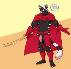 anthro armor balls black_body black_fur cape cartoon_network clothing dialogue english_text felid flaccid fur genitals gloves greaves hair half-closed_eyes handwear hi_res humanoid_genitalia humanoid_penis katana lapinbeau leg_wraps male mammal mao_mao:_heroes_of_pure_heart markings melee_weapon narrowed_eyes pantherine penis simple_background solo speech_bubble striped_body striped_fur striped_markings stripes sword text tiger vein veiny_penis weapon white_hair white_stripes wraps