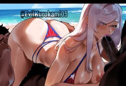 1girls 2boys 2boys1girl ai_generated beach_sex blowjob dark-skinned_male domination evilkuro05 fate_(series) interracial light-skinned_male miyamoto_musashi_(fate) miyamoto_musashi_(swimsuit_berserker) spitroast thiccwithaq_(ai_style)