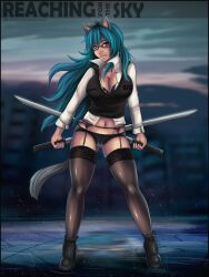 black_panties blue_hair breasts button_up_shirt catgirl cleavage garter_belt glasses huge_breasts nekochank red_eyes stockings swords tan_skin vest