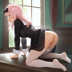 1girls ai_generated all_fours female female_only fujiwara_chika human kaguya-sama_wa_kokurasetai_~tensai-tachi_no_renai_zunousen~ on_desk open_mouth pink_hair school_uniform solo thighhighs