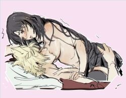 1boy 1girls bed bed_sheet big_breasts black_hair blonde_hair breast_sucking breasts brown_eyes closed_eyes cloud_strife color female female_on_top final_fantasy final_fantasy_vii hand_on_another's_arm hand_on_another's_ass kneeling large_breasts long_hair looking_at_partner looking_pleasured lying lying_on_back lying_on_bed male partially_clothed pink_background pudelmudel romantic romantic_couple short_skirt skirt spiky_hair straight thighhighs tifa_lockhart topless